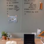 Moderner Arbeitsbereich mit Notizen und Laptop für Magnetfarbe-Projekte.