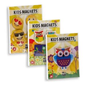Drei Packungen Kindermagnete mit Smiley- und Eulenmotiven
