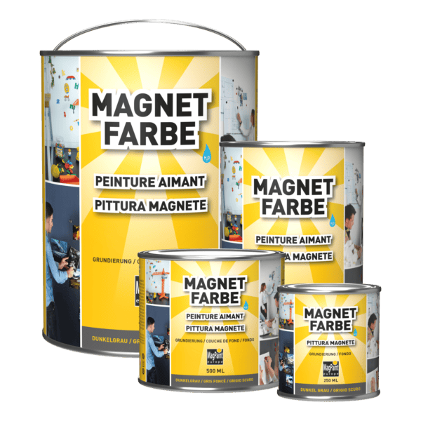 MagnetFarbe – alle Gebindegrößen MagnetFarbe von MagPaint in 2,5 L, 1 L, 500 ml und 250 ml mit deutschem Etikett